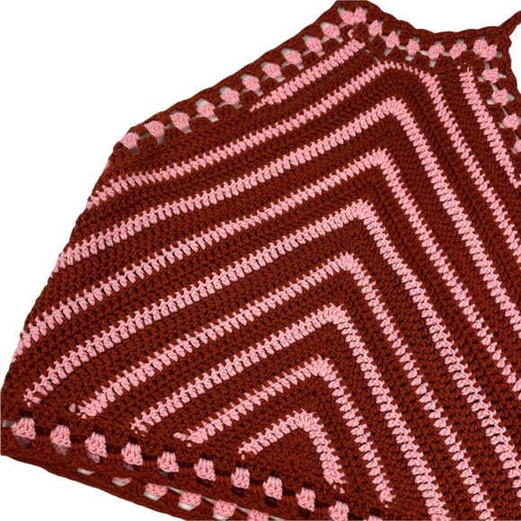 Vintage Pink Red Chevron Knit Crochet Tie Back Halter Crop Top S/M - Picture 2 of 3